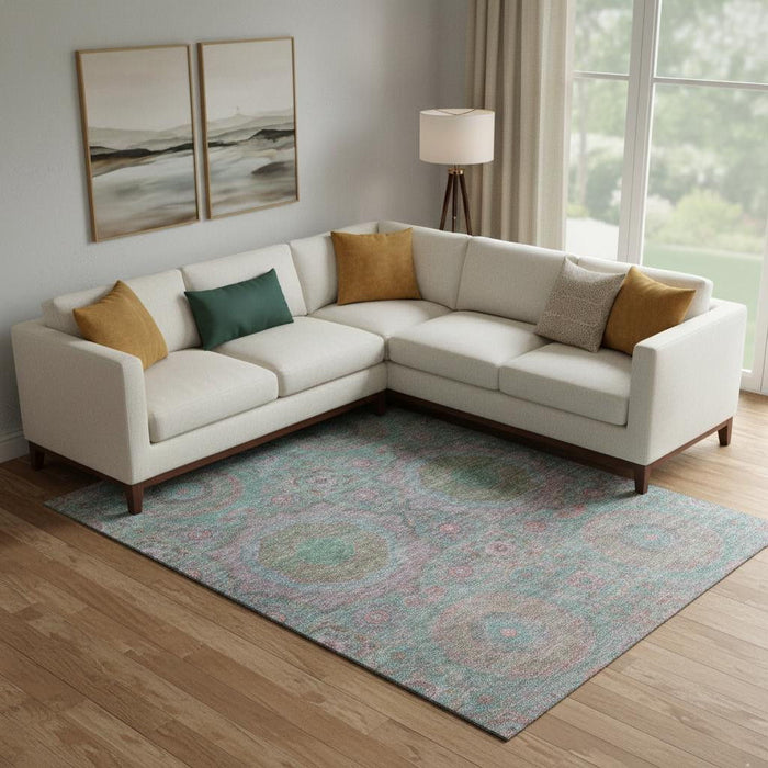 10' X 14' Medallion Washable Area Rug With UV Protection (708235) - Teal / Blush