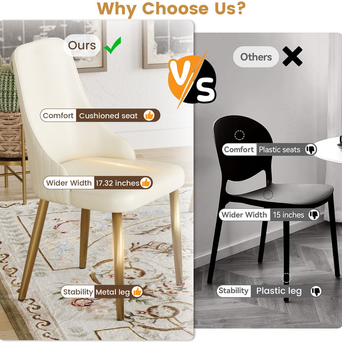 Set of two white modern dining chairs with sponge-filled seats, solid wood and metal legs, suitable for restaurants and living rooms.