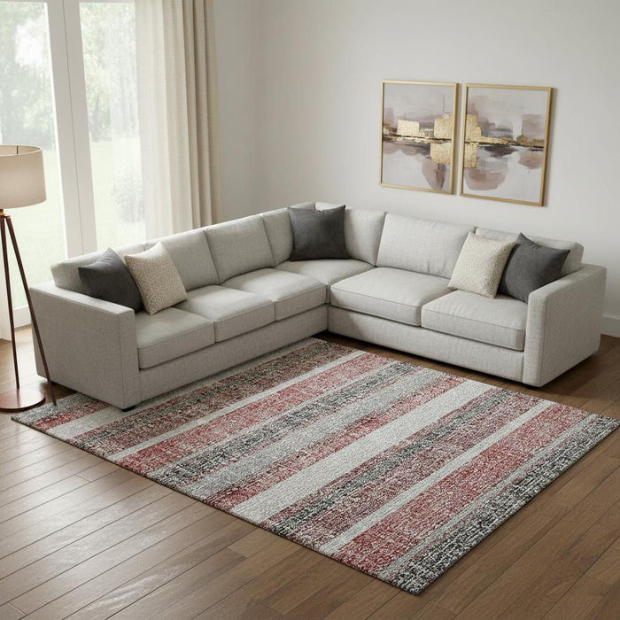 10' X 14' Striped Washable Area Rug With UV Protection (718593) - Burgundy / Gray