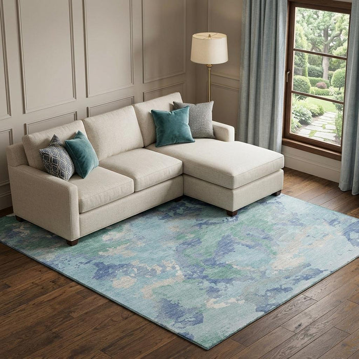 10' X 14' Abstract Washable Area Rug With UV Protection (693366) - Pale Aqua / Ivory / Gray
