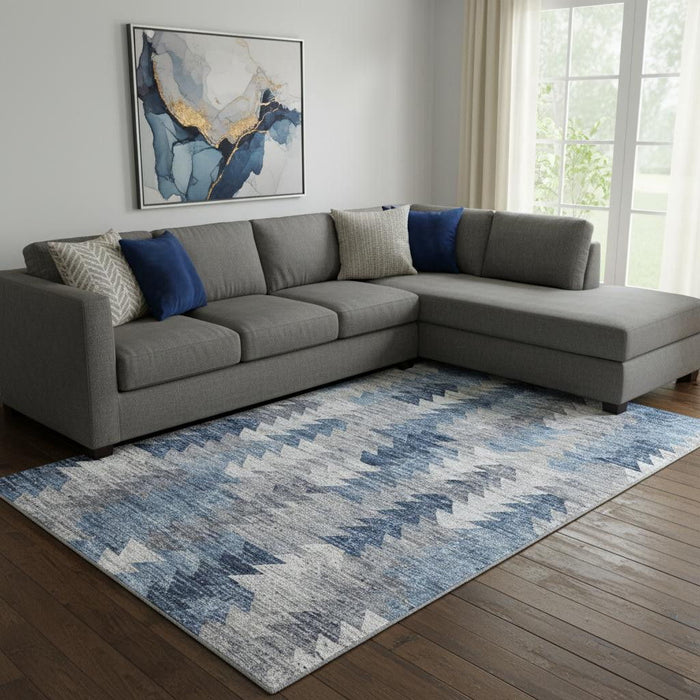 10' X 14' Geometric Washable Area Rug With UV Protection (653128) - Blue / Ivory / Gray