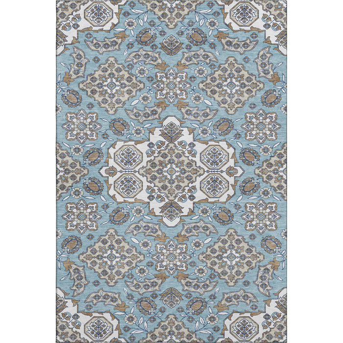 10' X 14' Floral Medallion Washable Area Rug With UV Protection (705869) - Sky Blue / Ivory