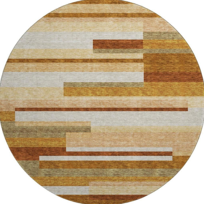 8' Transitional Striped Washable Round Rug With UV Protection - Rust