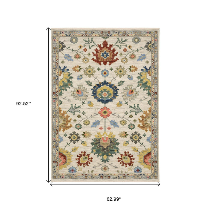 5' X 8' Oriental Area Rug With Fringe - Ivory And Yellow