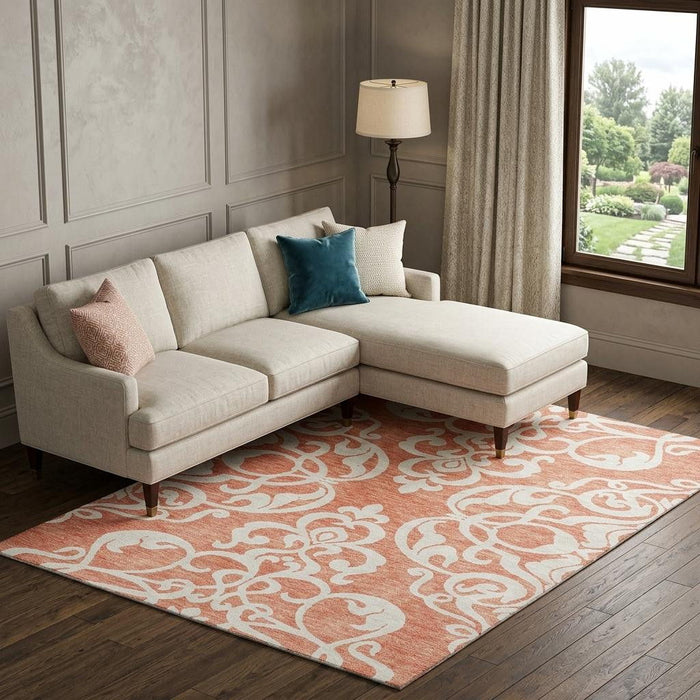 10' X 14' Damask Washable Area Rug With UV Protection (676914) - Coral / Ivory