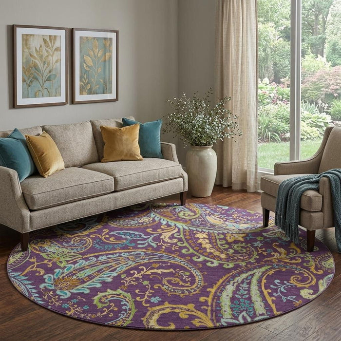 8' Paisley Washable Round Rug With UV Protection (647995) - Purple / Green / Blue
