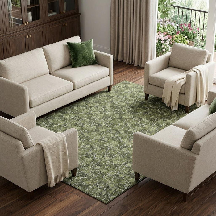 9' X 12' Floral Washable Area Rug With UV Protection (656459) - Olive Green / Ivory