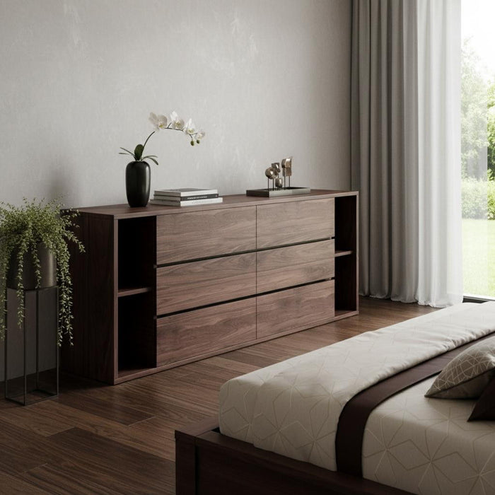 Wood Six Drawer, Double Dresser - Walnut