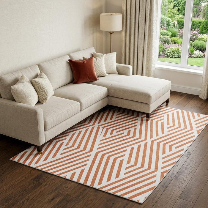 10' X 14' Geometric Washable Area Rug With UV Protection (648580) - Rust / Ivory
