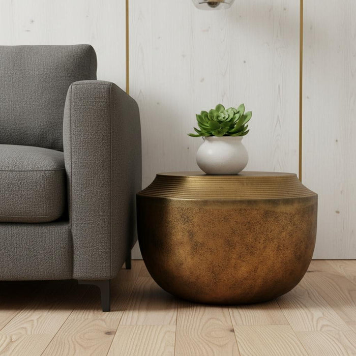 Aluminum Round Drum End Table - Antiqued Brass