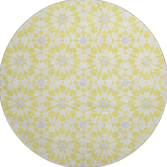 8' Geometric Washable Round Rug With UV Protection - Yellow And Gray