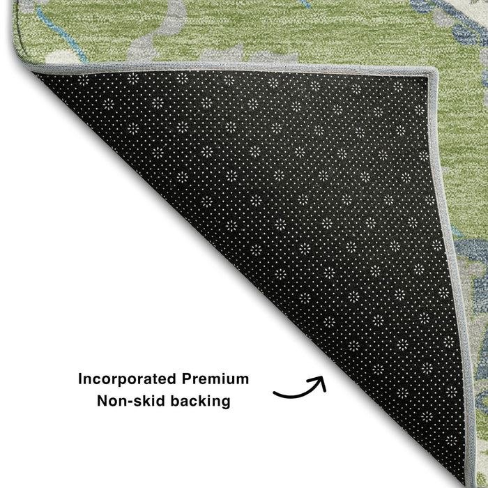 10' X 14' Oriental Washable Area Rug With UV Protection (677741) - Artichoke Green / Ivory / Blue