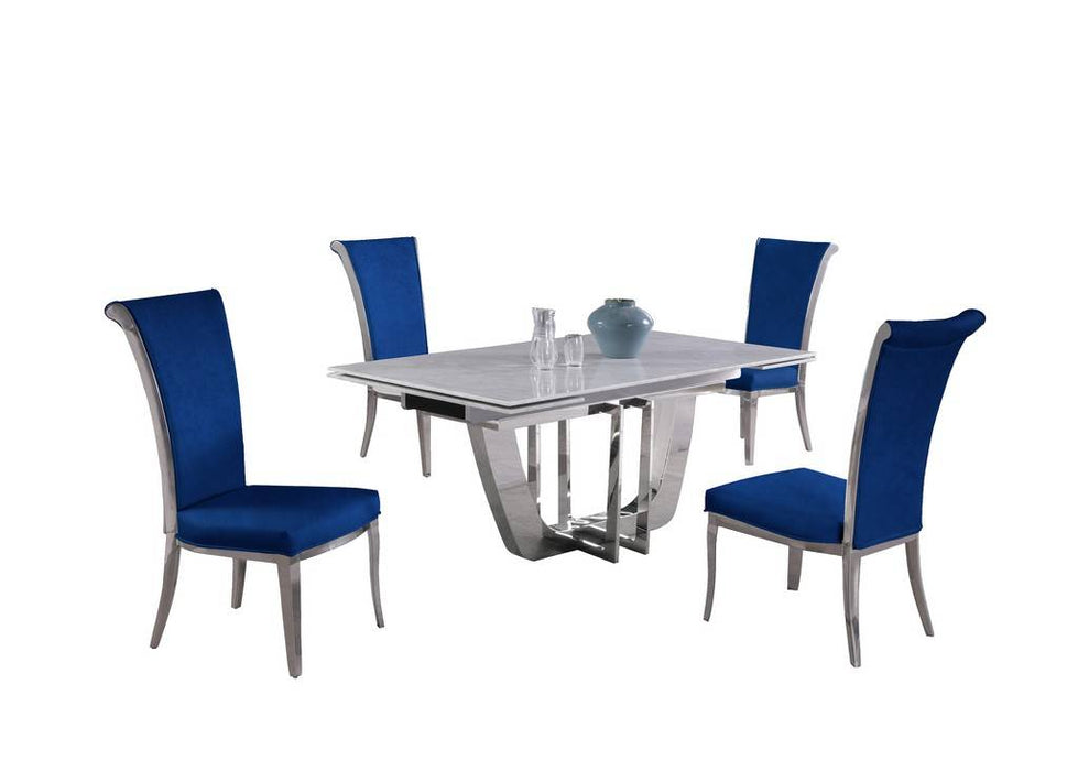 Chintaly JOY Dining Set w/ Extendable Carrara Marble Table & 4 High-back Chairs Blue