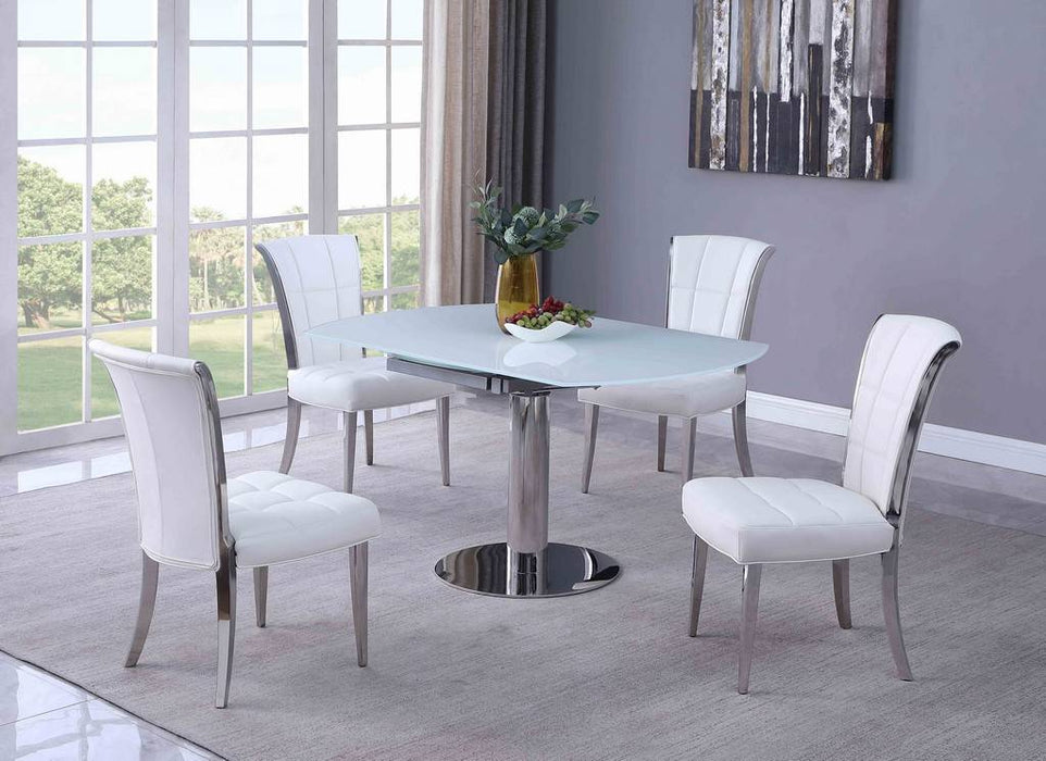 Chintaly TAMI Contemporary Dining Set w/ Motion-Extendable White Glass Table & 4 Tufted Chairs