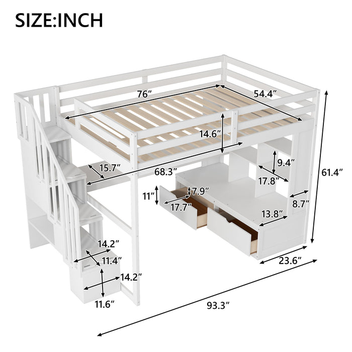 Giga full size white loft bed with built-in desk, shelves, two drawers, and storage staircase for efficient space use.