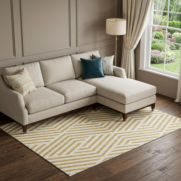 8' X 10' Geometric Washable Area Rug With UV Protection (648536) - Gold / Ivory