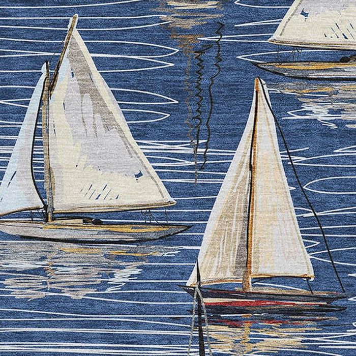 8' X 10' Nautical Washable Area Rug With UV Protection - Navy Blue