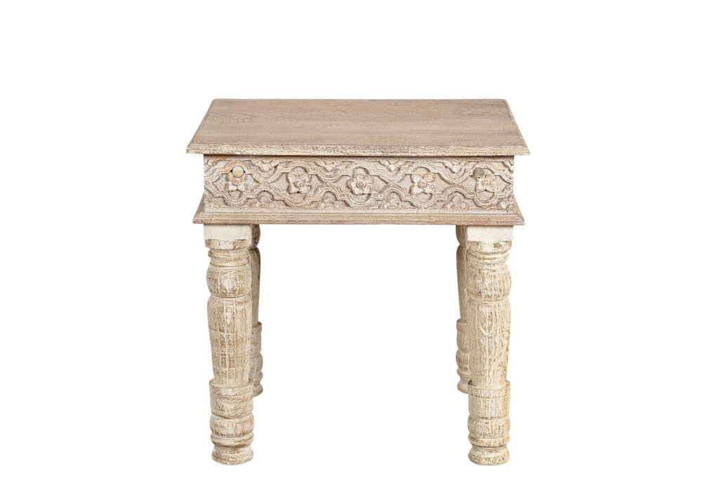 Distressed Solid Wood Square End Table - White