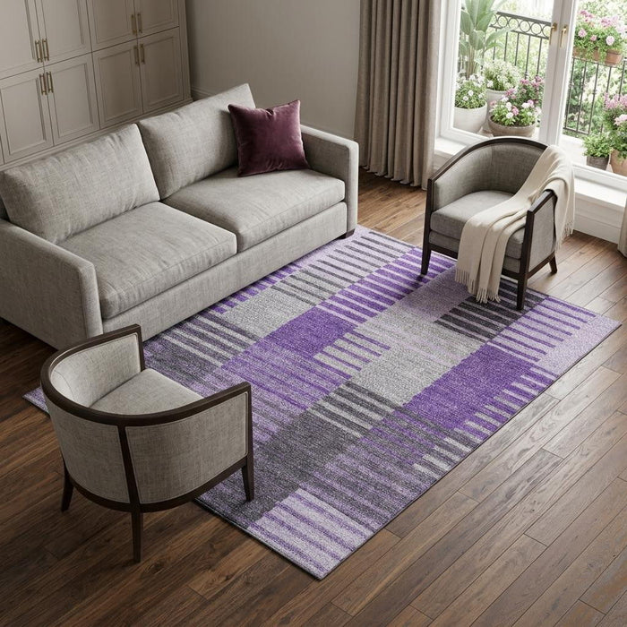 10' X 14' Striped Washable Area Rug With UV Protection (656268) - Purple / Ivory / Gray