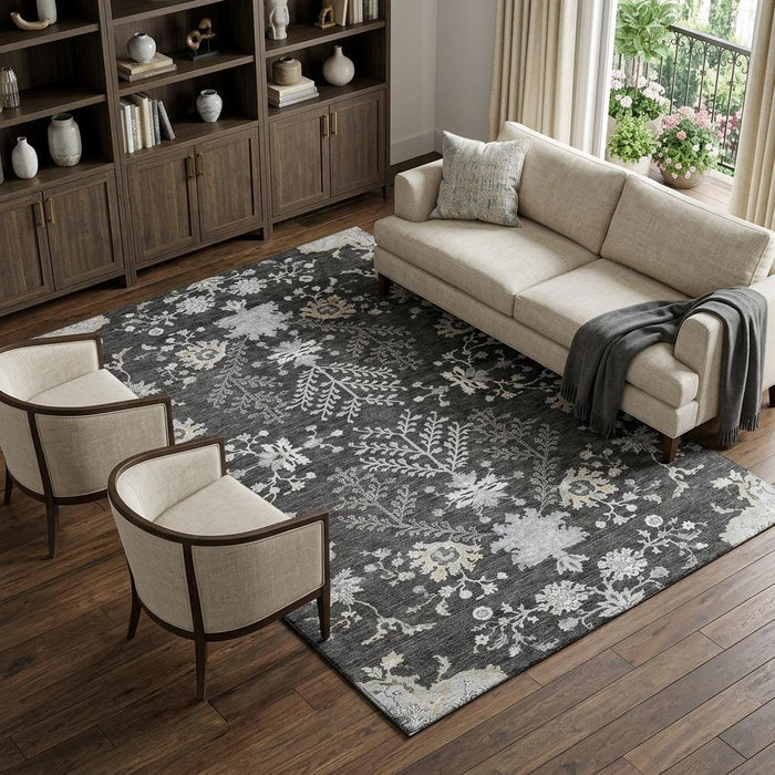 10' X 14' Floral Washable Area Rug With UV Protection (687047) - Charcoal / Gray / Silver