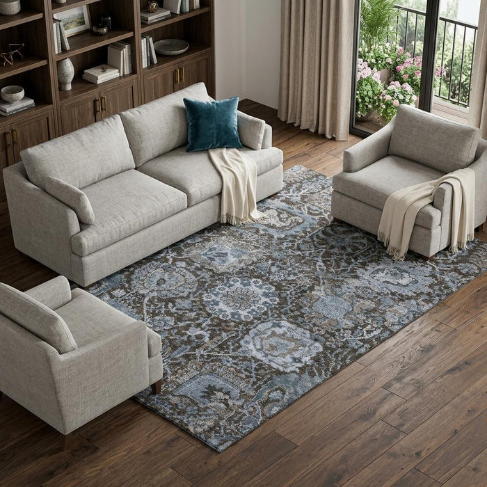 10' X 14' Damask Washable Area Rug With UV Protection (692964) - Denim Blue / Gray / Silver