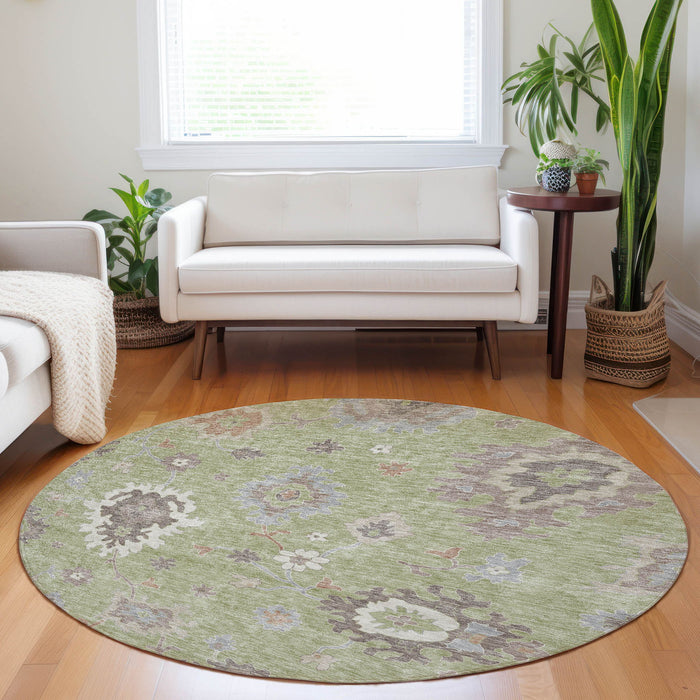 8' Floral Medallion Washable Round Rug With UV Protection - Artichoke Green
