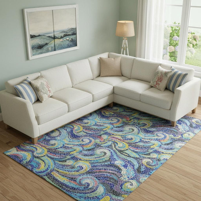 10' X 14' Geometric Washable Area Rug With UV Protection (646193) - Pacific Blue / Ivory / Yellow