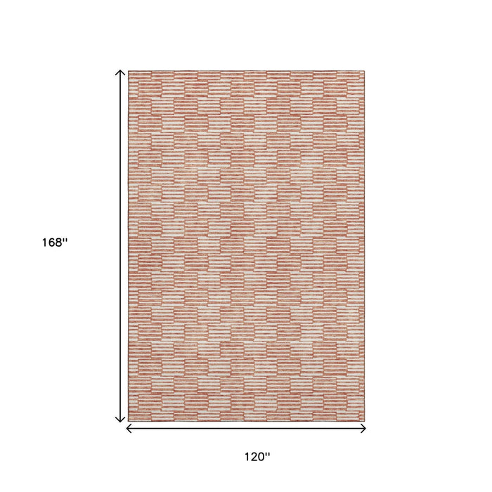 10' X 14' Abstract Geometric Washable Area Rug With UV Protection (673013) - Salmon / Beige