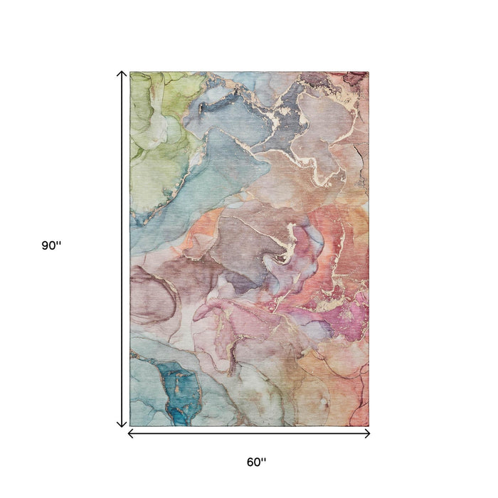 5' X 8' Abstract Washable Area Rug With UV Protection (646484) - Blue / Green / Rust