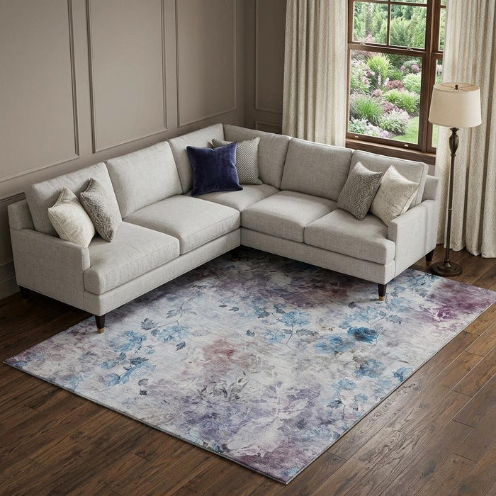 8' X 10' Floral Washable Area Rug With UV Protection (657699) - Blue / Blush / Ivory