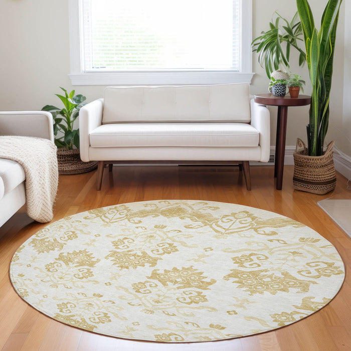 8' Medallion Washable Round Rug With UV Protection - Gold And Beige