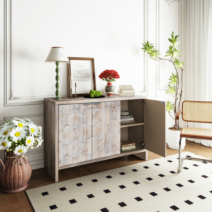 Giga farmhouse-style wooden accent sideboard with four doors, suitable for living room, entryway, or dining room storage.