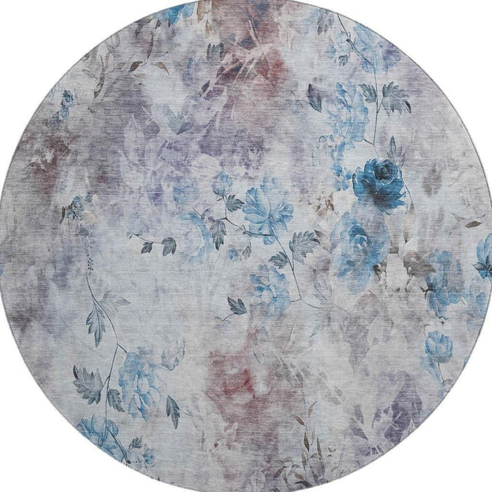 8' Floral Washable Round Rug With UV Protection (657698) - Blue / Blush / Ivory