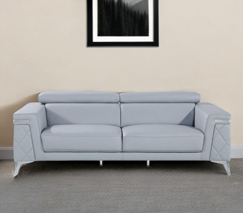 Italian Leather Sofa With Silver Legs - Light Blue