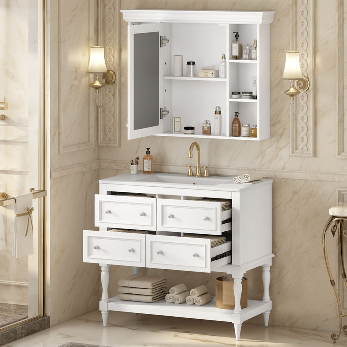 Giga bathroom vanity with medicine cabinet, four-drawer storage, adjustable shelf, and mirror for modern bathroom organization.