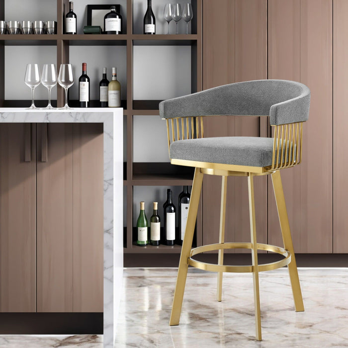 30" Fabric And Stainless Steel Low Back Bar Height Swivel Bar Chair - Gray / Gold