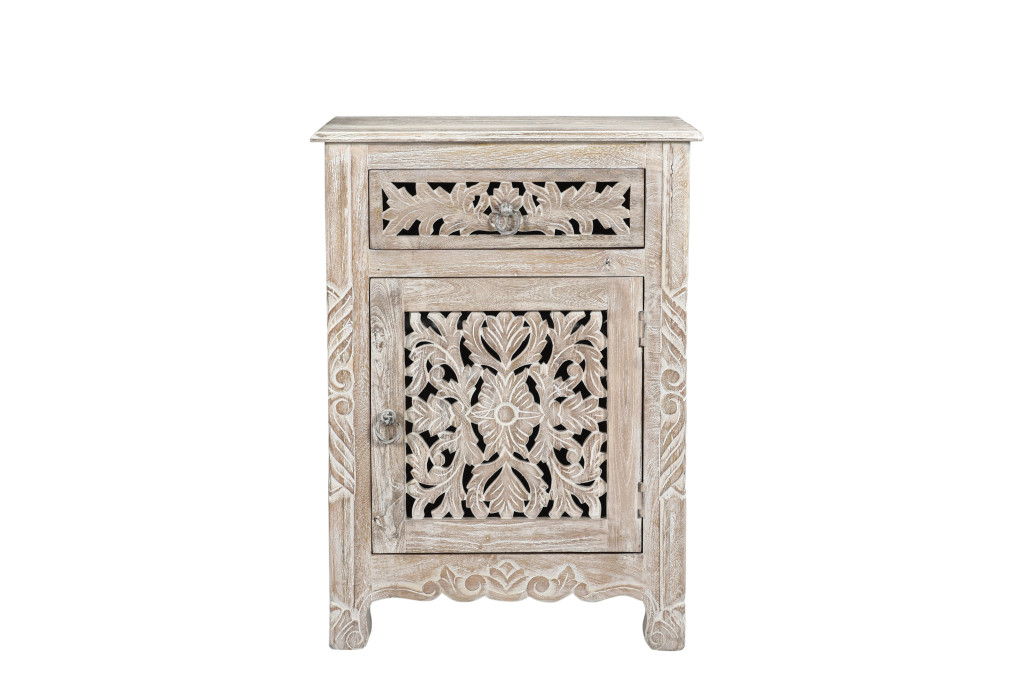 One Drawer Carved Floral Solid Wood Nightstand - Distressed White