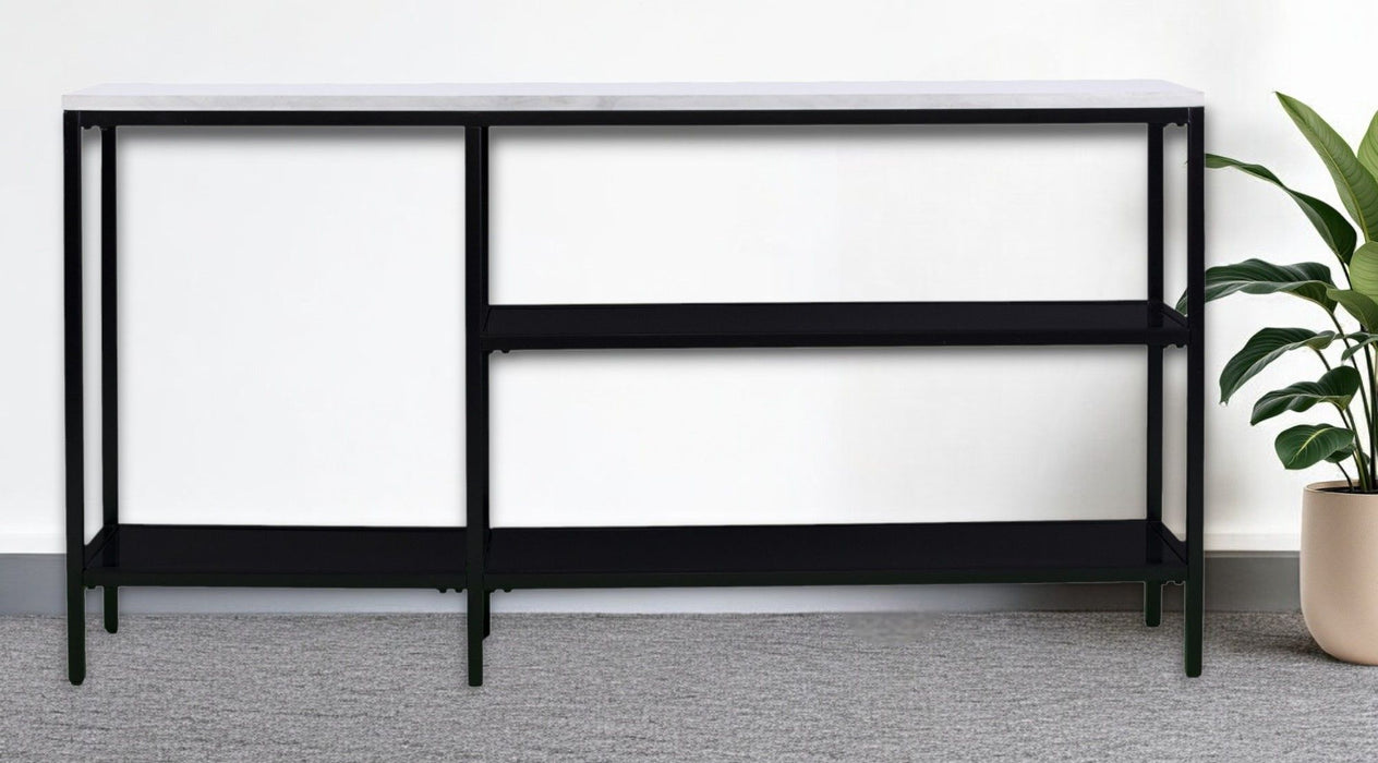 Faux Marble Frame Console Table Two Shelves - White / Black