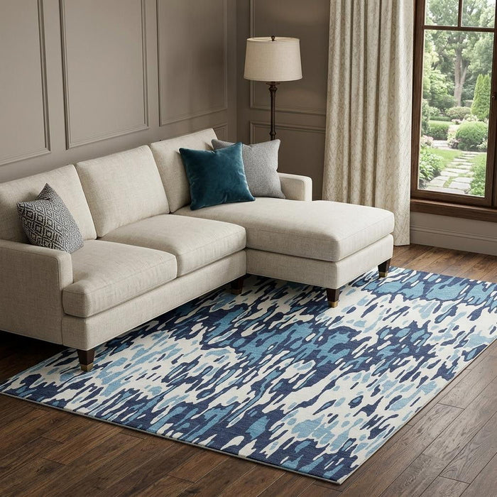 10' X 14' Striped Washable Area Rug With UV Protection (677795) - Blue / Ivory