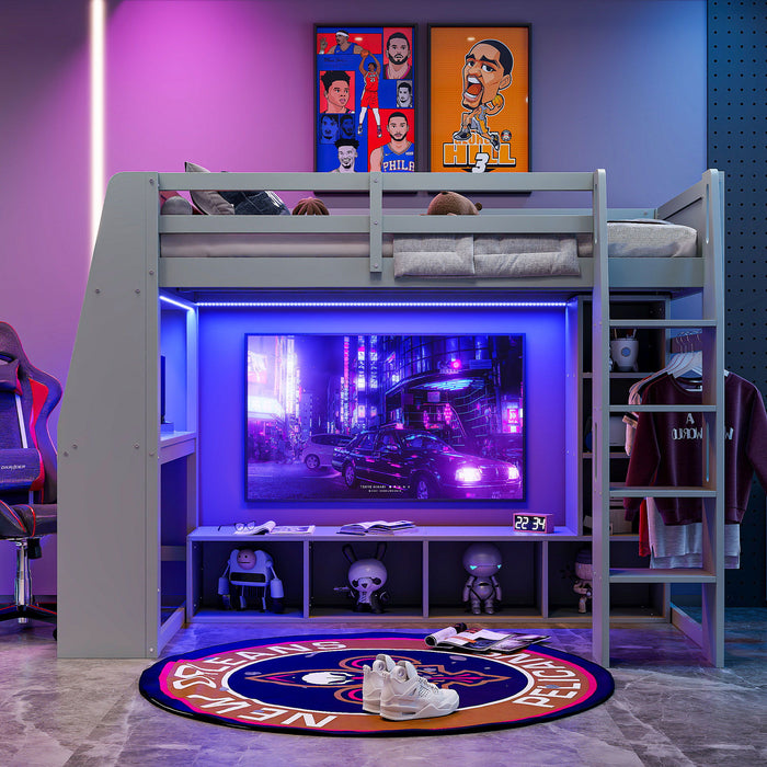 Giga gaming loft bed with built-in desk, storage shelves, LED lighting, and hanging clothes rack in a modern bedroom setup.