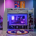 Giga gaming loft bed with built-in desk, storage shelves, LED lighting, and hanging clothes rack in a modern bedroom setup.