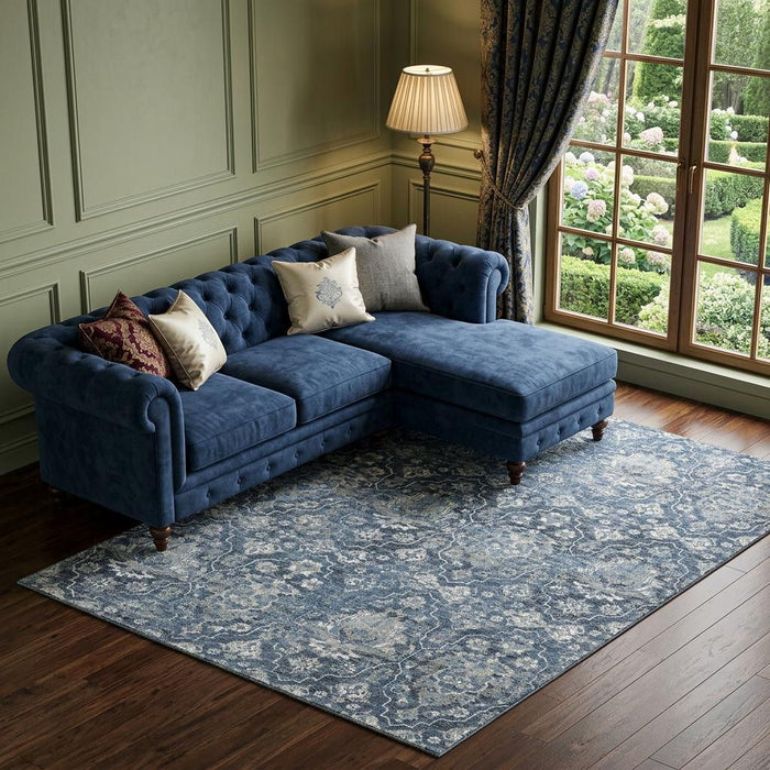 9' X 12' Floral Medallion Distressed Washable Area Rug With UV Protection (644567) - Blue / Ivory