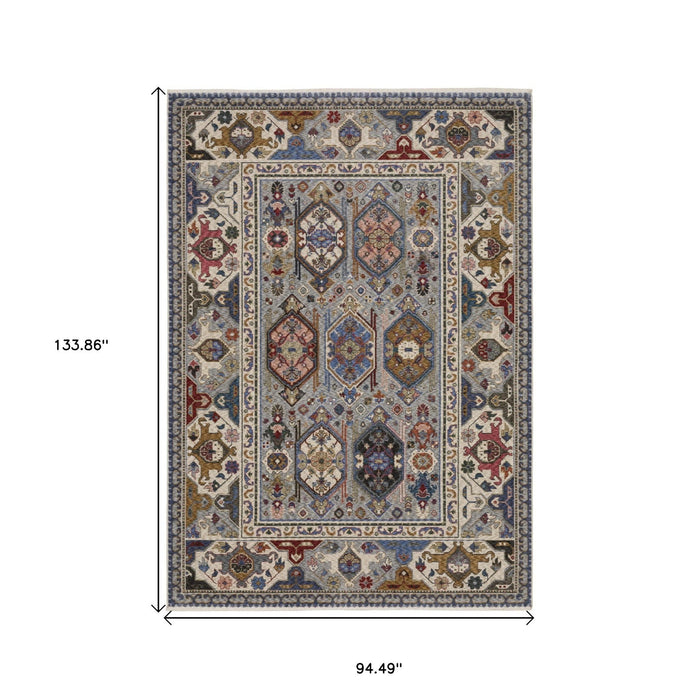 8' X 11' Oriental Area Rug With Fringe - Blue And Gray