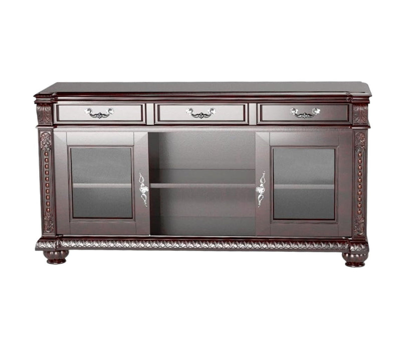 Dark brown wood cabinet TV stand with enclosed storage and open shelving, ideal for living room organization and TV setup.