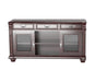 Dark brown wood cabinet TV stand with enclosed storage and open shelving, ideal for living room organization and TV setup.