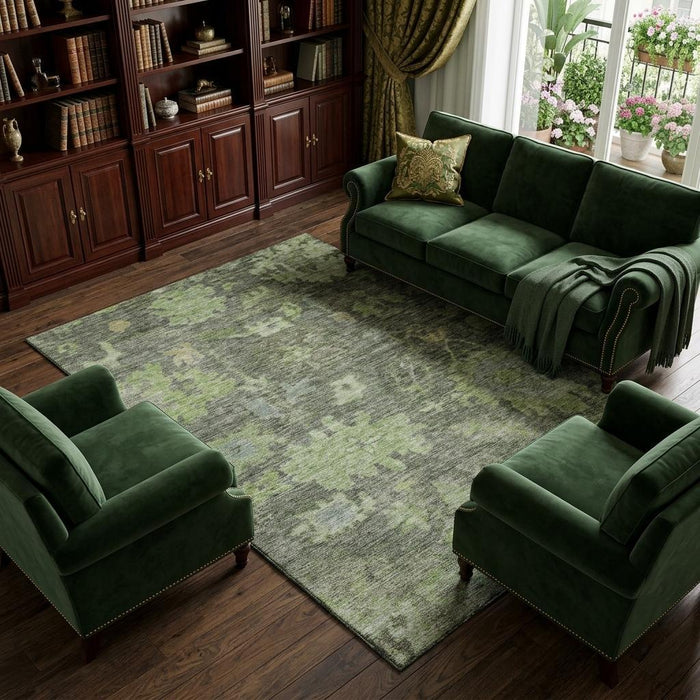 10' X 14' Floral Washable Area Rug With UV Protection (684516) - Fern Green / Gray