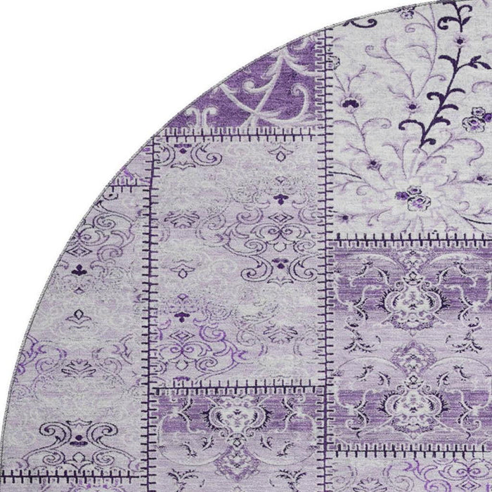 8' Patchwork Distressed Washable Round Rug With UV Protection (649579) - Purple / Ivory