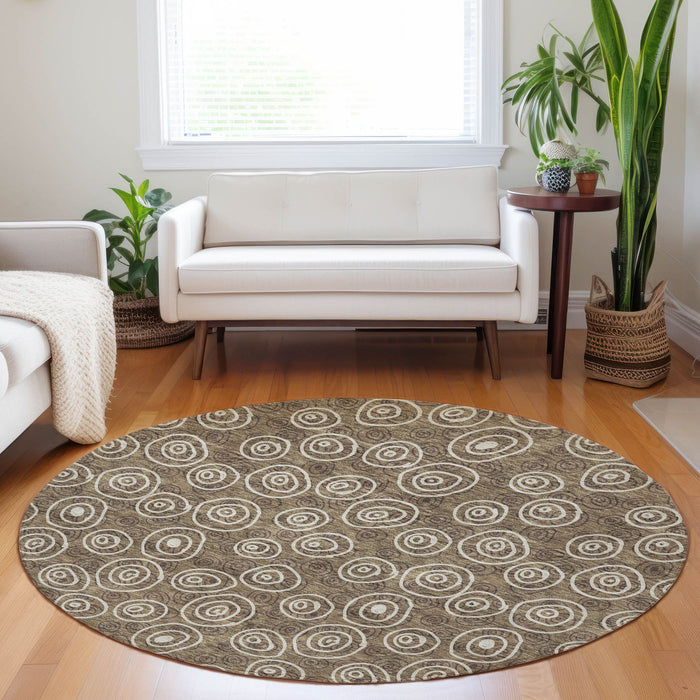 8' Polka Dot Washable Round Rug With UV Protection - Brown And Ivory
