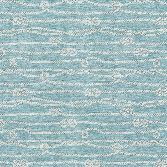 9' X 12' Nautical Washable Area Rug With UV Protection - Teal Blue And Ivory
