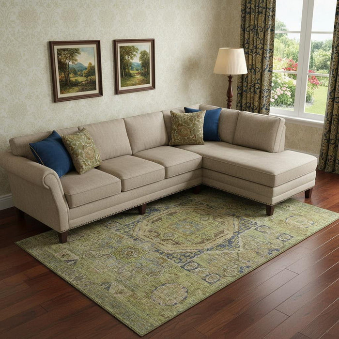 10' X 14' Oriental Washable Area Rug With UV Protection (699855) - Artichoke Green / Blue